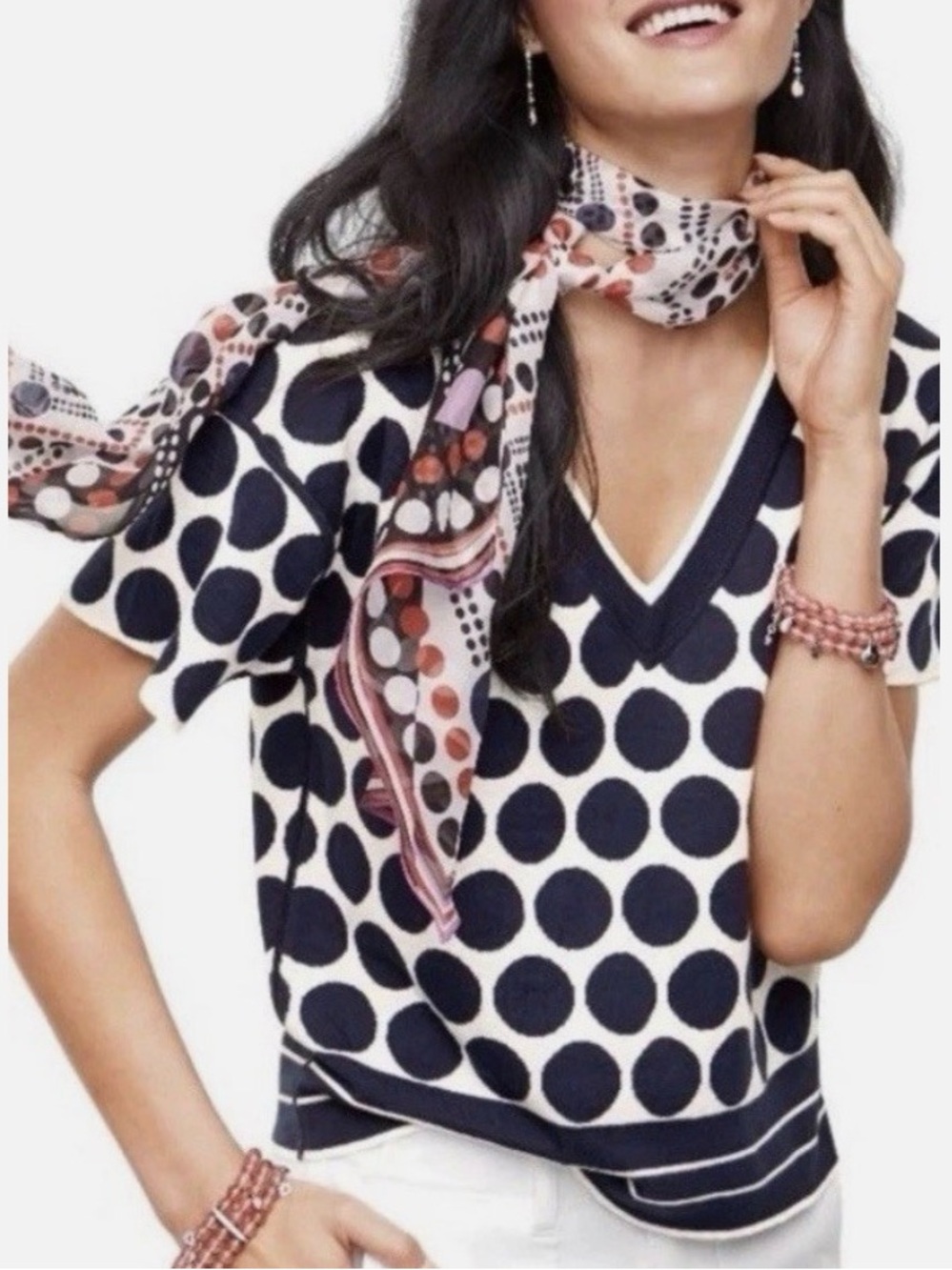 CAbi Olivia Volley Navy & White Polka Dot Reversible V‑Neck Sweater Top Medium
